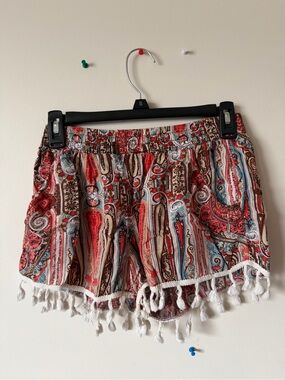 Soho Girls Red Multicolor Paisley Tassel Hem Shorts